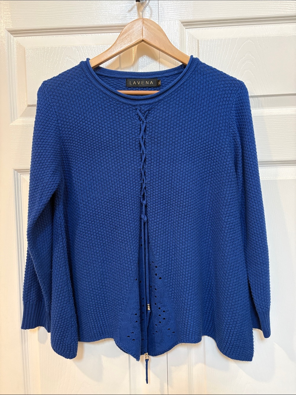 Lavena Blue Knit Sweater Crewneck Pullover Drawstring Detail Subtle Cutouts XL